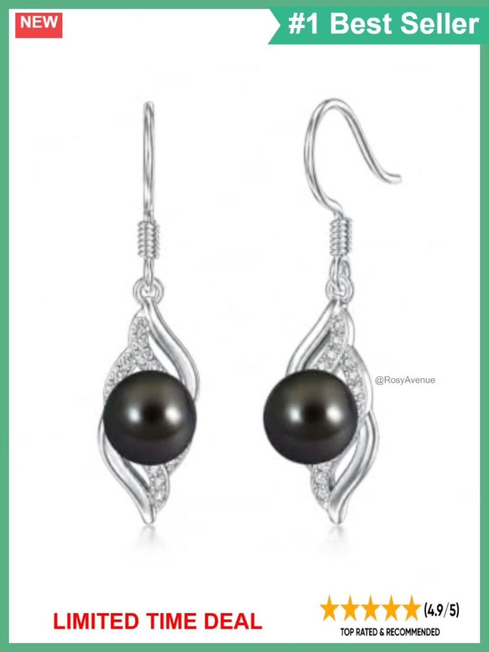 Black Pearl Dangle Earrings 925 Sterling Silver 18K White Gold Plated Drop